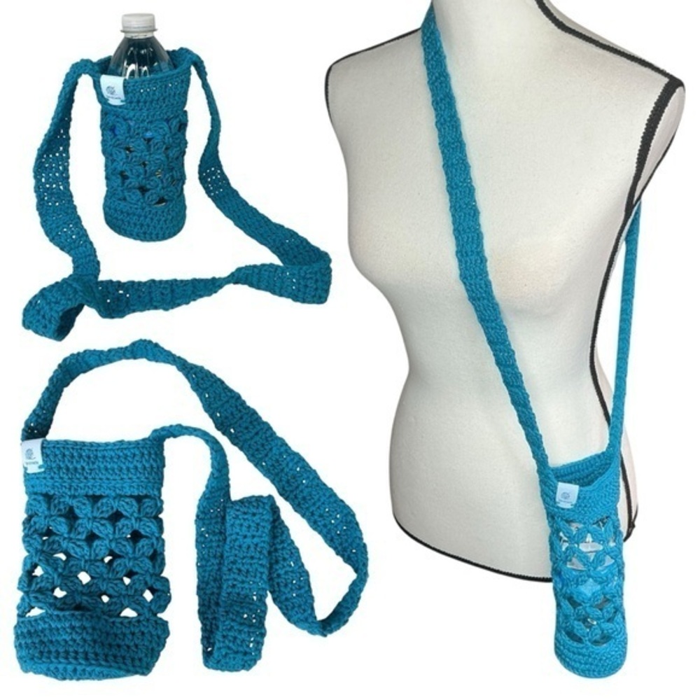 Crochet Crossbody Water Bottle Holder Bag Multicolor Handcrafted Cotton Handmade